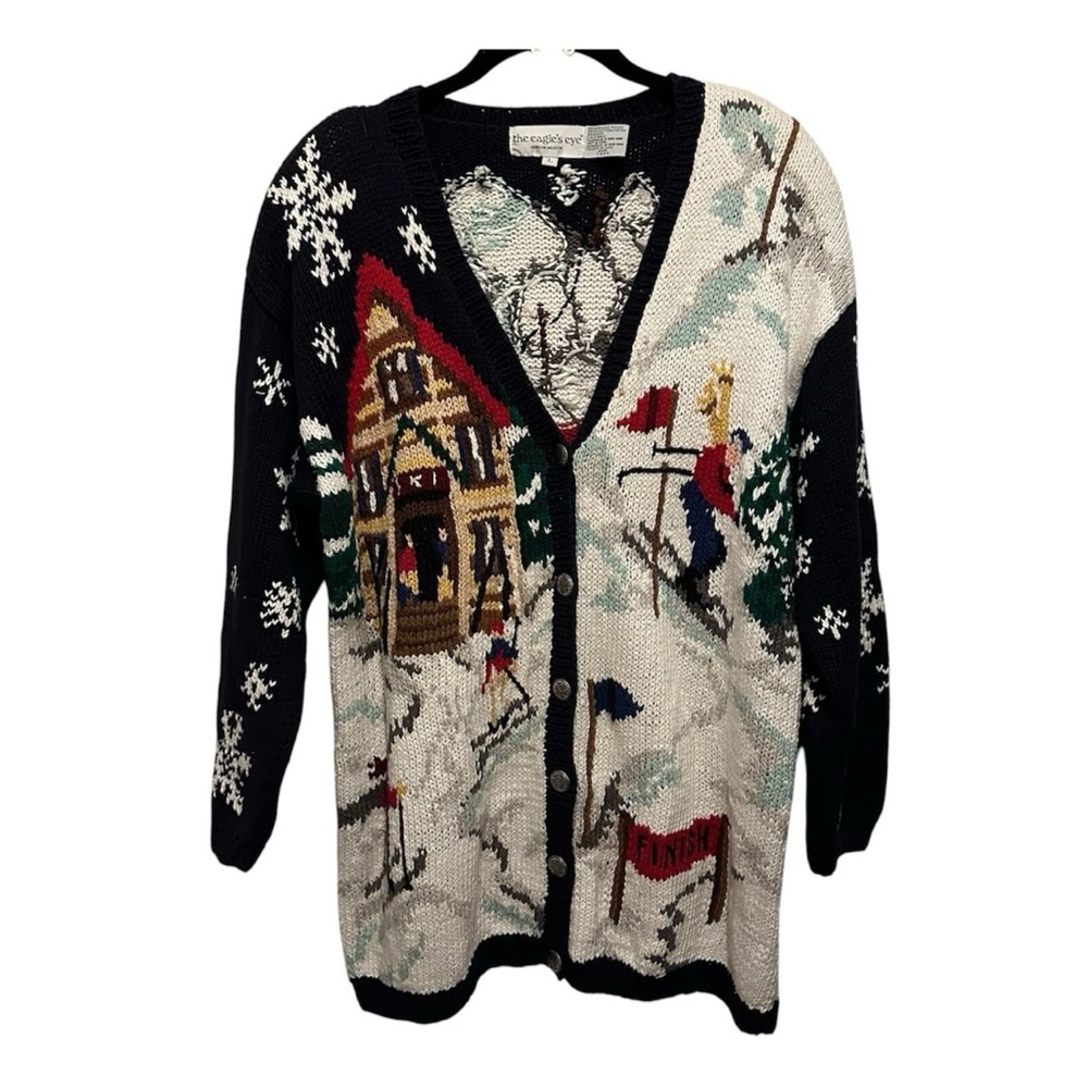 Vintage Eagle's Eye 1993 Skiing Snow Winter Retro Cardigan Sweater Sz L